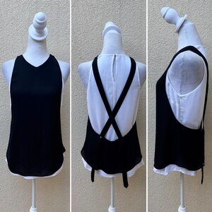A.L.C. Black white silk layered sleeveless top with cross bands on the back